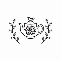 ロゴマークのための、蓋に鳥の飾り、葉、木ノ実が装飾されたティーポットのシンプルな線画と、植物のフレーム