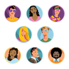Set of colorful avatars, icons of multinational people isolated on white background.