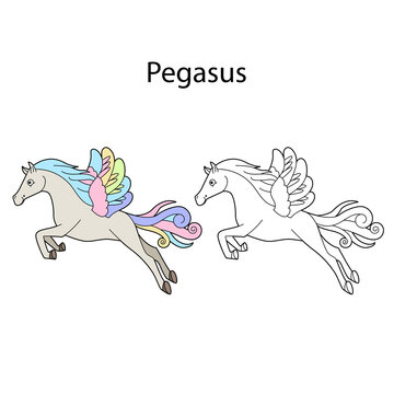 Funny cute animal pegasus isolated on white background. Linear, contour, black and white and colored version. Illustration can be used for coloring book and pictures for children