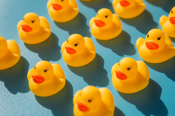 yellow rubber ducks on a blue background with hard shadows