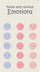 Faces with various Emotions. Doodle various positive emotions. Hand drawn watercolor sketch, cute funny emotions.