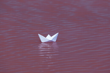 Paper boat floats on the waves on the water surface of salty pink lake. Selective focus, design element