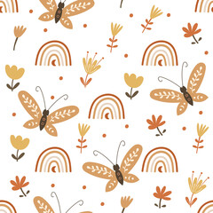 Seamless pattern design with floral elements and butterflies. Vector illustration.