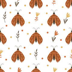 Seamless pattern design with floral elements and butterflies. Vector illustration.