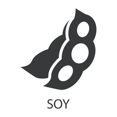 The soy icon. The silhouette of a soy pod with beans inside and with a signature. Delicious and healthy food that causes allergies. Vector illustration isolated on a white background.