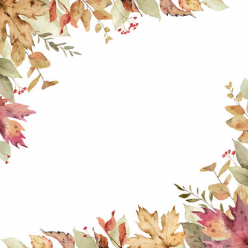 Watercolor vector card with fall leaves and branches isolated on a white background.