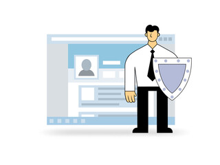 Man with the shield in front of open browser window. GDPR officer protecting data. GDPR, AVG, DSGVO, DPO. Flat illustration. Isolated on white background.