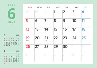 2022年カレンダー　6月 カラフル