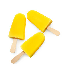 Tasty pineapple popsicles on white background