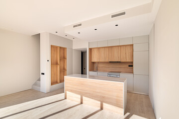 Empty interior of refurbished apartment with natural sunlight shining through big windows. Modern kitchen with island and wooden furniture.