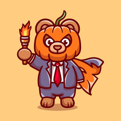 cute halloween pumpkin head bear illustration carrying a torch