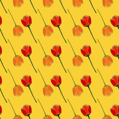 Red tulip flowers seamless pattern on yellow background