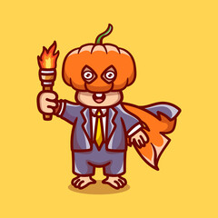 cute halloween pumpkin head monkey illustration carrying a torch