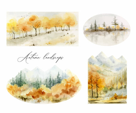 A watercolor vector set of autumn landscapes with trees and mountains.
