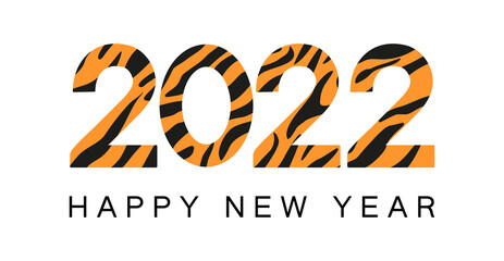 2022 Happy New Year poster in trendy abstract style. 2022 logo tiger skin pattern. Year of the tiger minimalistic concept.