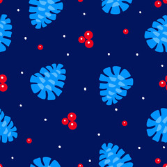 merry christmas and happy new year winter seasonal xmas seamless pattern with pine cones and berries, endless repeatable textue , vector illustration graphic