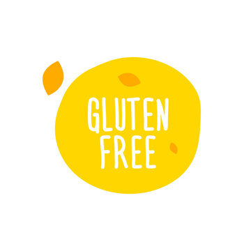 Gluten free label vector, yellow painted round emblem icon for products free of gluten packaging, food pack. No gluten sign, tag circle stamp, logo shape label graphic design