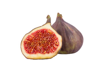 Figs isolated on white background. Whole and cutted in half fruits.