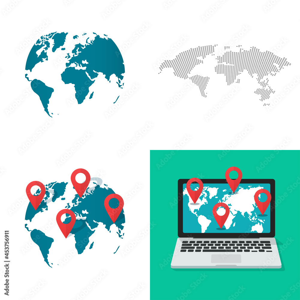Poster large world map shape vector set as globe earth gps location navigation pin pointers and online digi