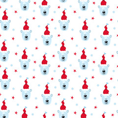 merry christmas and happy new year winter seasonal xmas seamless pattern with cute cartoon polar beers in santas hats, endless repeatable textue , vector illustration graphic