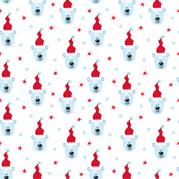 merry christmas and happy new year winter seasonal xmas seamless pattern with cute cartoon polar beers in santas hats, endless repeatable textue , vector illustration graphic
