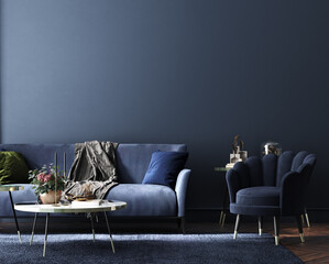 Home interior, luxury modern dark living room interior, blue empty wall mock up, 3d render