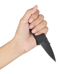 Hand holding Folding Knife for wallet isolated on a white background.