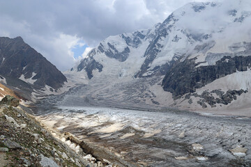 Fototapeta na wymiar Bezengi glacier and the glacial landscape. Main Caucasian Range. 