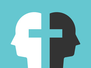 Christian cross between two opposite heads. Forgiveness, communication, difference, contradiction and tolerance concept. Flat design. EPS 8 vector illustration, no transparency, no gradients - obrazy, fototapety, plakaty