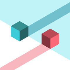 Isometric blue and red cubes. Opposites, difference, individuality, uniqueness, opportunity, vision and development concept. Flat design. EPS 8 vector illustration, no transparency, no gradients