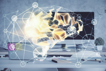 Multi exposure of brain drawing and office interior background. Concept of data technology.