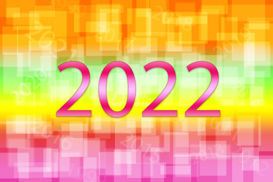 Text 2022 on Colorful showy abstract background. orange green yellow red pink gradient square blur texture design display wallpaper. Christmas happy new year.