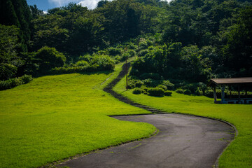 富山県富山市の猿倉山、御前山、小佐波御前山を登山する風景 Scenery of climbing Sarukura Mountain, Gozen Mountain, and Ozanami Gozen Mountain in Toyama City, Toyama Prefecture. 