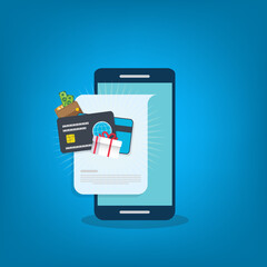 Smart phone notification with gift box, money, present and cash. Online award or bonus achievement as giveaway.