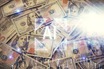 Double exposure of data theme drawing over us dollars bill background. Technology concept.