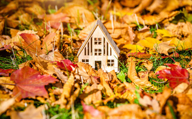 The symbol of the house stands among the fallen autumn leaves
