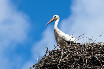 Ein Jungstorch in seinem Horst - Störche  können zwanzig bis  dreißig Jahre alt werden und werden  ein bis zwei Monate von den Storcheneltern mit Futter versorgt