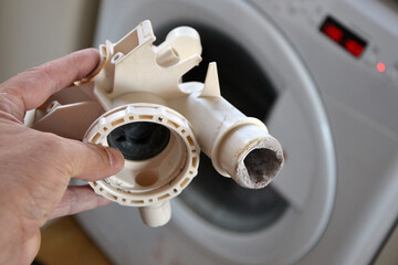 Hard water, limescale build up in automatic washing machine pump, cleaning and washing cloths in...