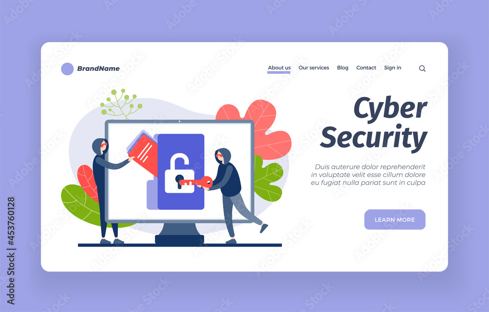 Poster cybersecurity from hackers. digital hacking protection with blocking. counteraction online criminals