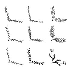 Obraz premium Set of hand drawn floral corners. Floral text dividers. Design element for greeting card, t shirt, poster. Vector illustration
