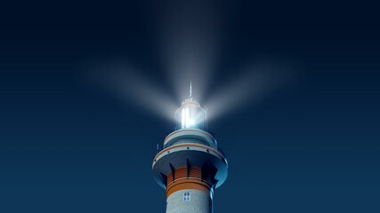 3d rendering of Lighthouse beacon rays shining against pure sky