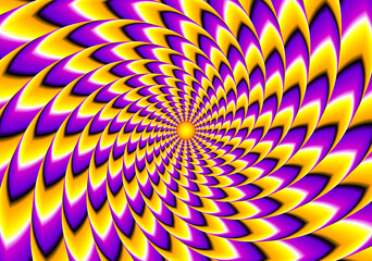 Rotation of yellow and purple spirals. Spin illusion.