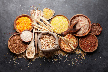 Gluten free cereals. Rice, buckwheat, corn groats, quinoa and millet