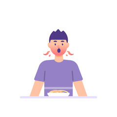 the expression of a person or man who is hot and spicy due to eating spicy noodles. shocked and surprised by the taste of a food. blushing face. flat cartoon style. flat design