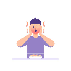 the expression of a person or man who is hot and spicy due to eating spicy noodles. shocked and surprised by the taste of a food. blushing face. flat cartoon style. flat design