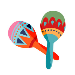 Two hand drawn traditional Mexican maracas with ornamental design elements vector flat illustration