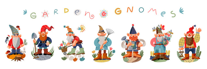 Garden gnome set. Funny little dwarfs statues vector illustration. Collection of male midgets with flowers, watering can, lantern, spade, mushrooms, equipment on white background