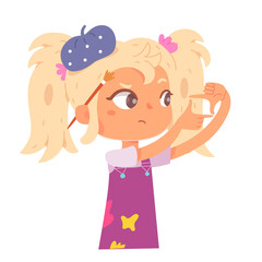 Artist girl painting, cute child making frame gesture with fingers, kid painter studying