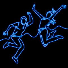 Continuous line happy couple jumping neon concept