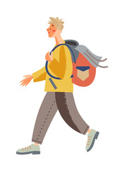 Tourist hiker on travel nature adventure, young man with backpack hiking on trail outdoor